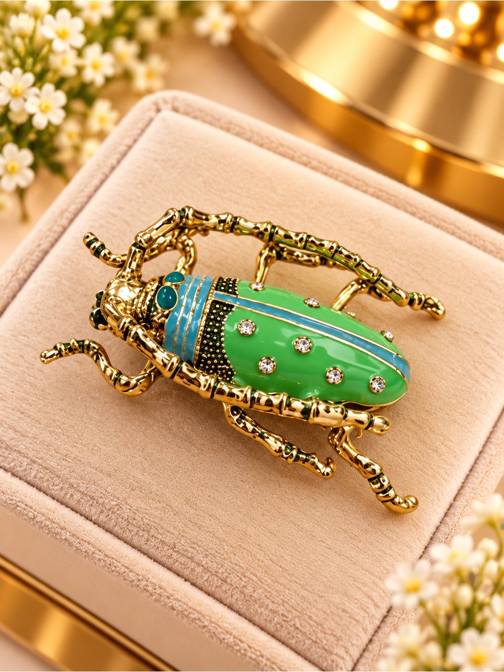 Green Enamel Beetle Brooch | Gold Tone Crystal Statement Pin